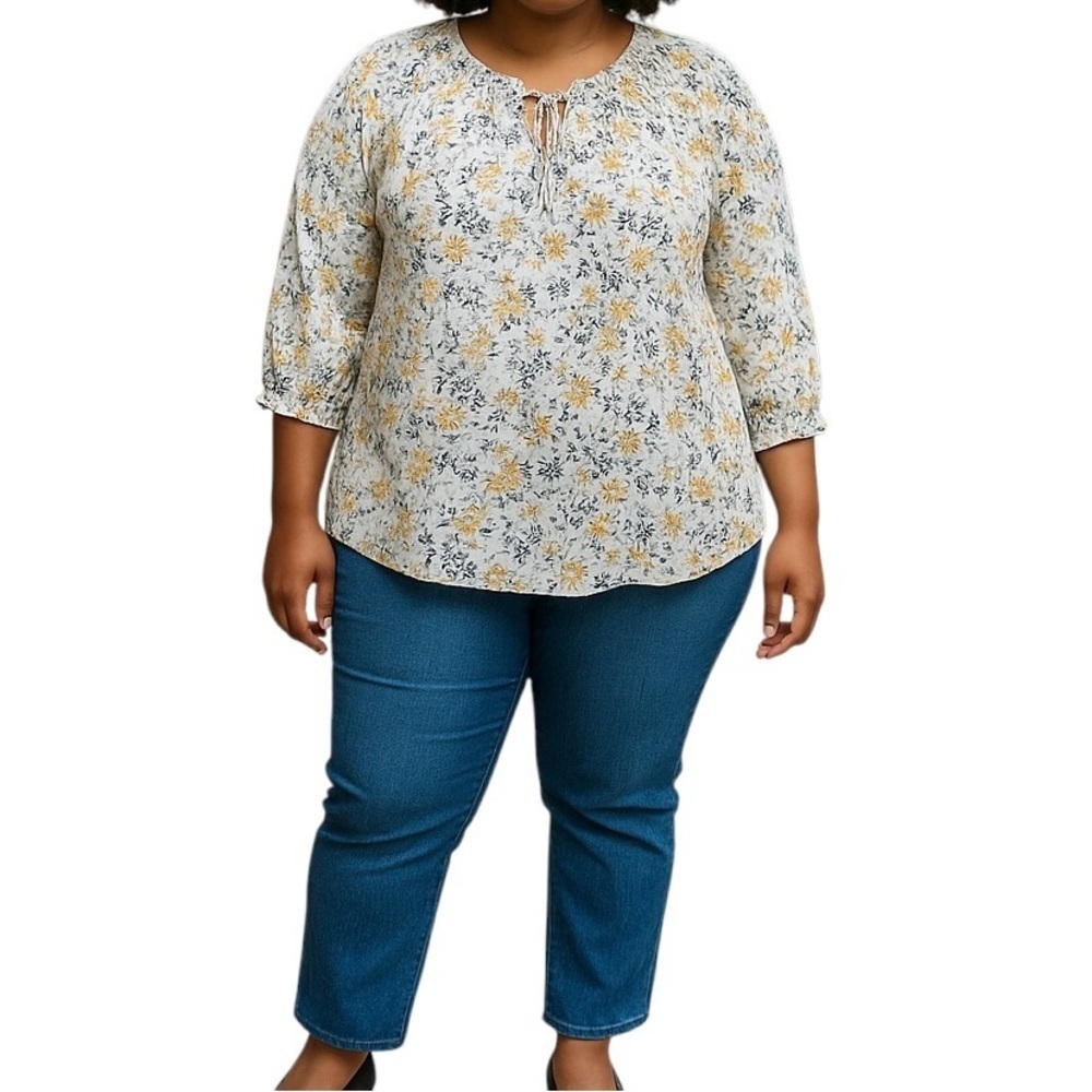 Carolina Belle Floral Navy Yellow Boho Balloon Sleeves Lightweight Top Women 2X